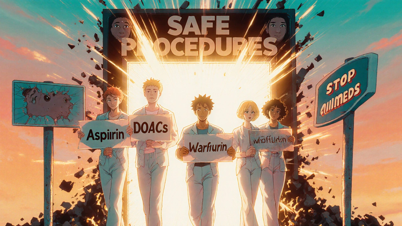 Diverse patients walking through safe procedures portal with medication signs