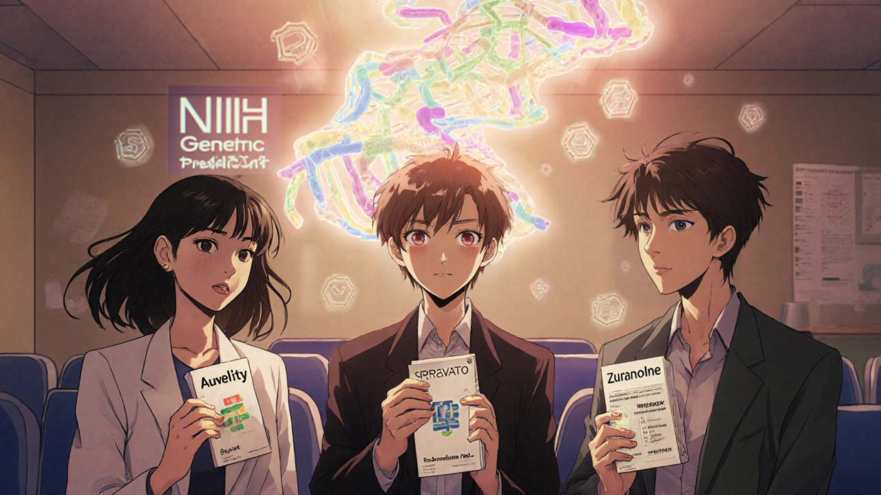 Diverse people in a clinic with a glowing genetic helix projecting personalized treatment paths above them.