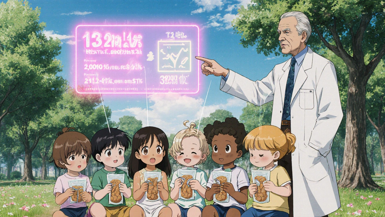 Diverse toddlers eating peanut puree in a park, with protective energy lines and declining allergy rates in the sky.