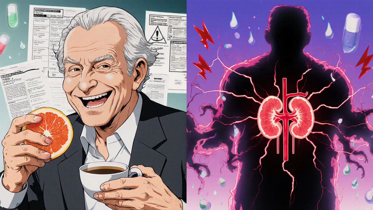 Elderly man eating grapefruit while shadowy medical dangers form behind him.