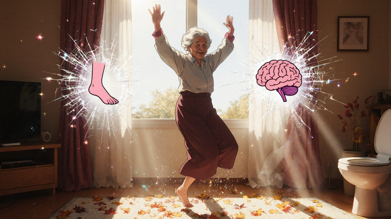 Elderly woman dancing joyfully as symbols of her past symptoms crumble away in sunlight.