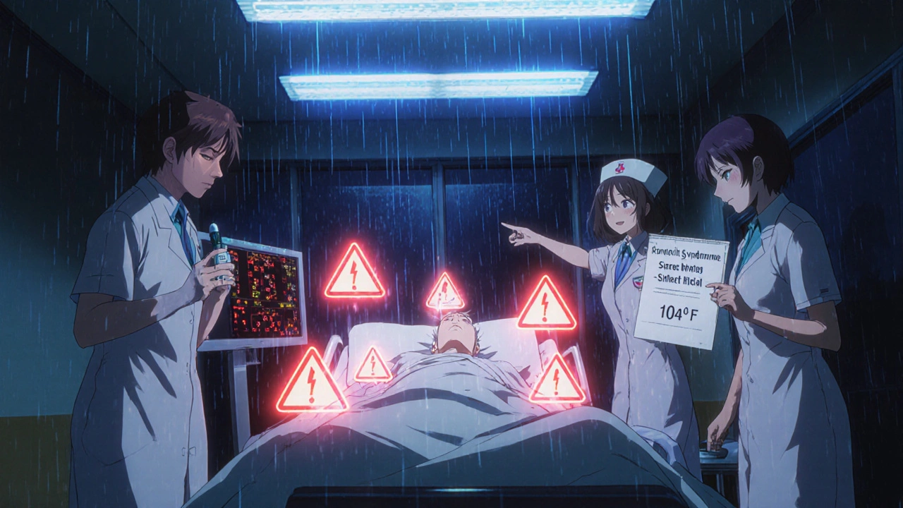 Emergency room patient with glowing red warning symbols as medical staff react to serotonin syndrome symptoms.