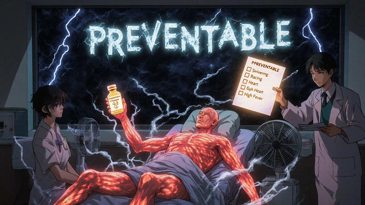 ER team treating serotonin syndrome patient with glowing meds and floating symptom checklist under stormy night window.