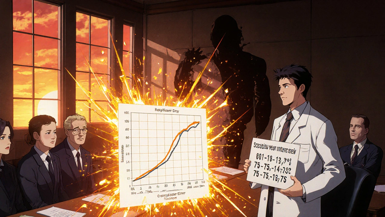 FDA review board witnessing a confidence interval expand for a highly variable drug in anime style.