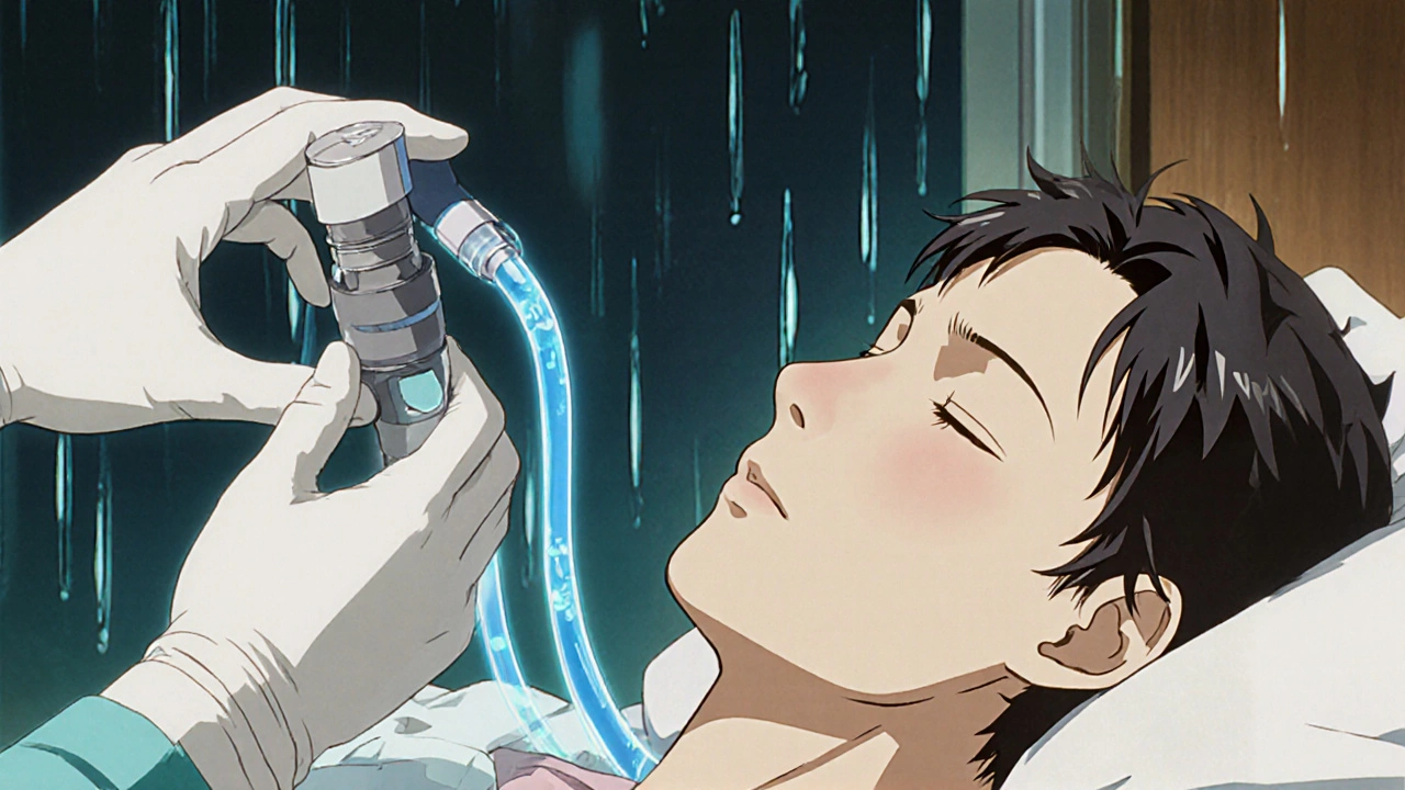 Neurosurgeon adjusting a programmable shunt valve with magnetic device, glowing fluid tubes visible.