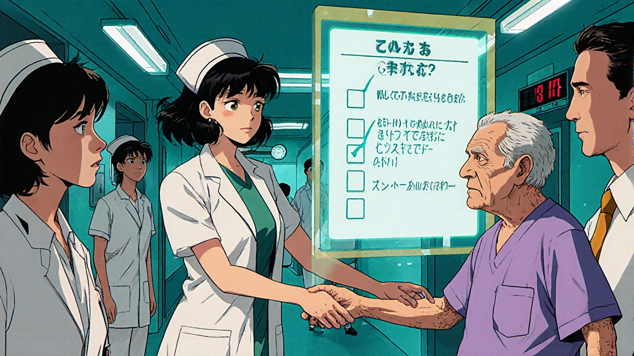 Nurses and doctors exchanging shift handoffs in a hospital hallway with a glowing checklist and a confused patient nearby.