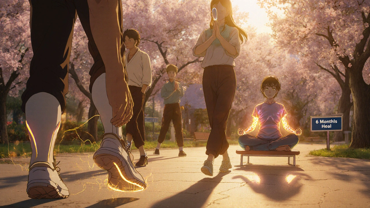 Patients walking in a park with glowing energy from their feet, using mirrors and practicing tai chi for neuropathy.