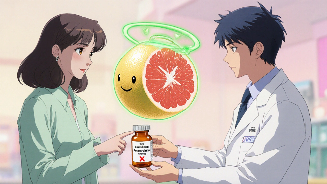 Pharmacist gives safe alternative medication while glowing modified grapefruit floats nearby.