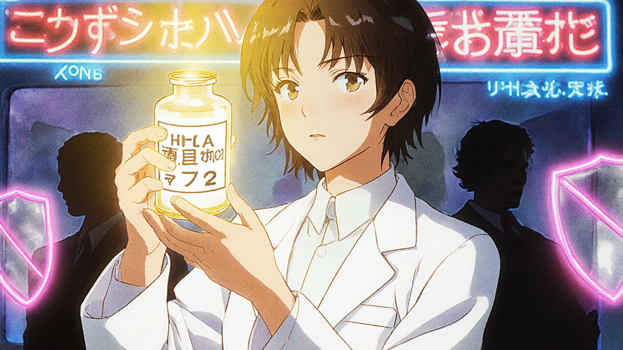 Pharmacist holding a genetic test vial as protective light repels dangerous drugs.