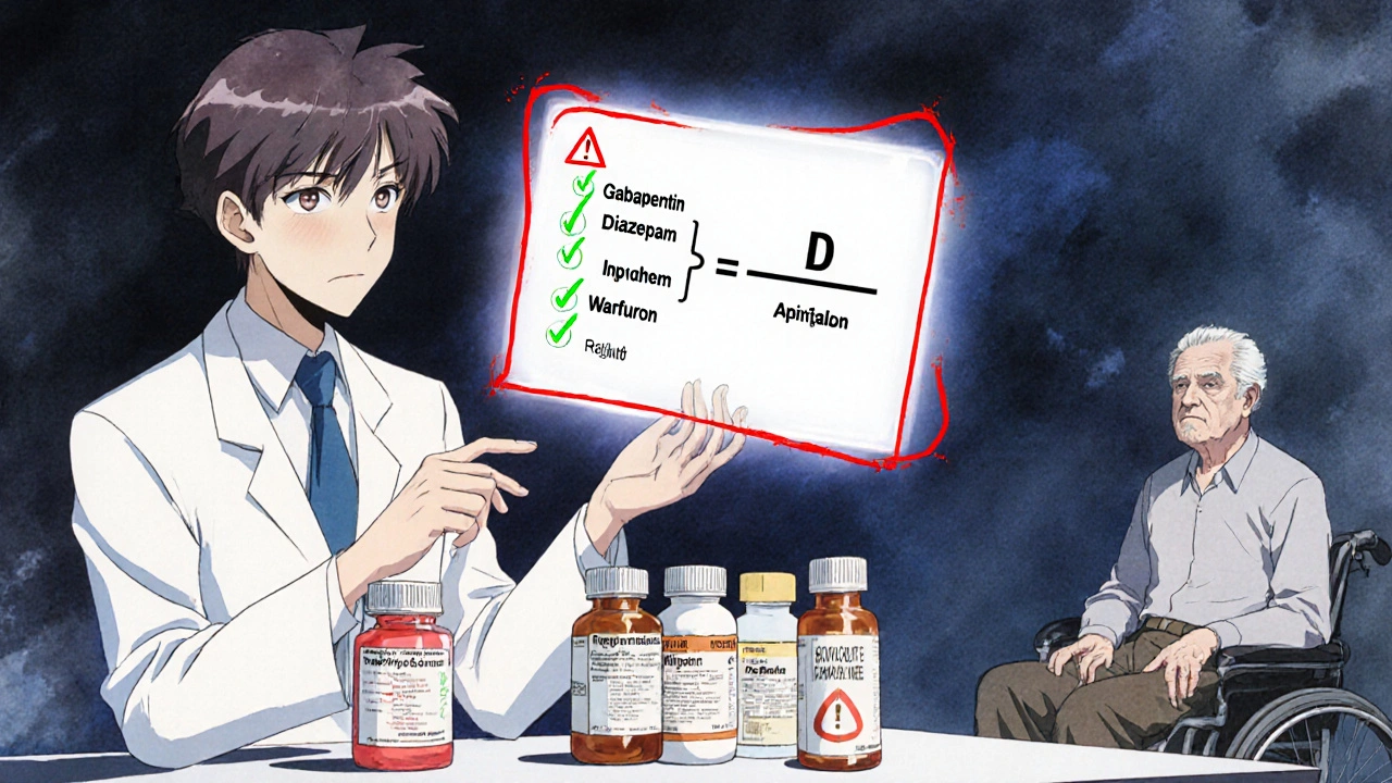 Pharmacist reviewing medications with glowing equations and warning halos around risky drugs.
