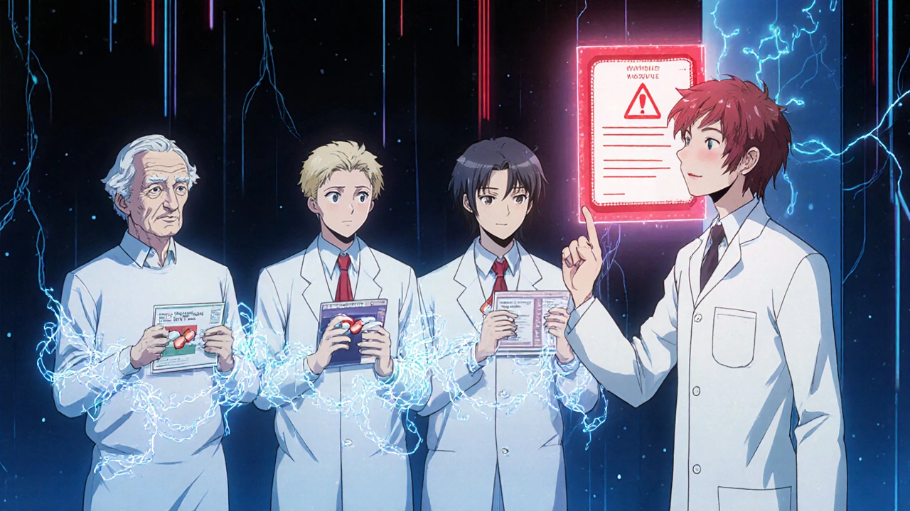 Pharmacist warning patients about dangerous drug combinations with glowing serotonin chains and red alert on screen.