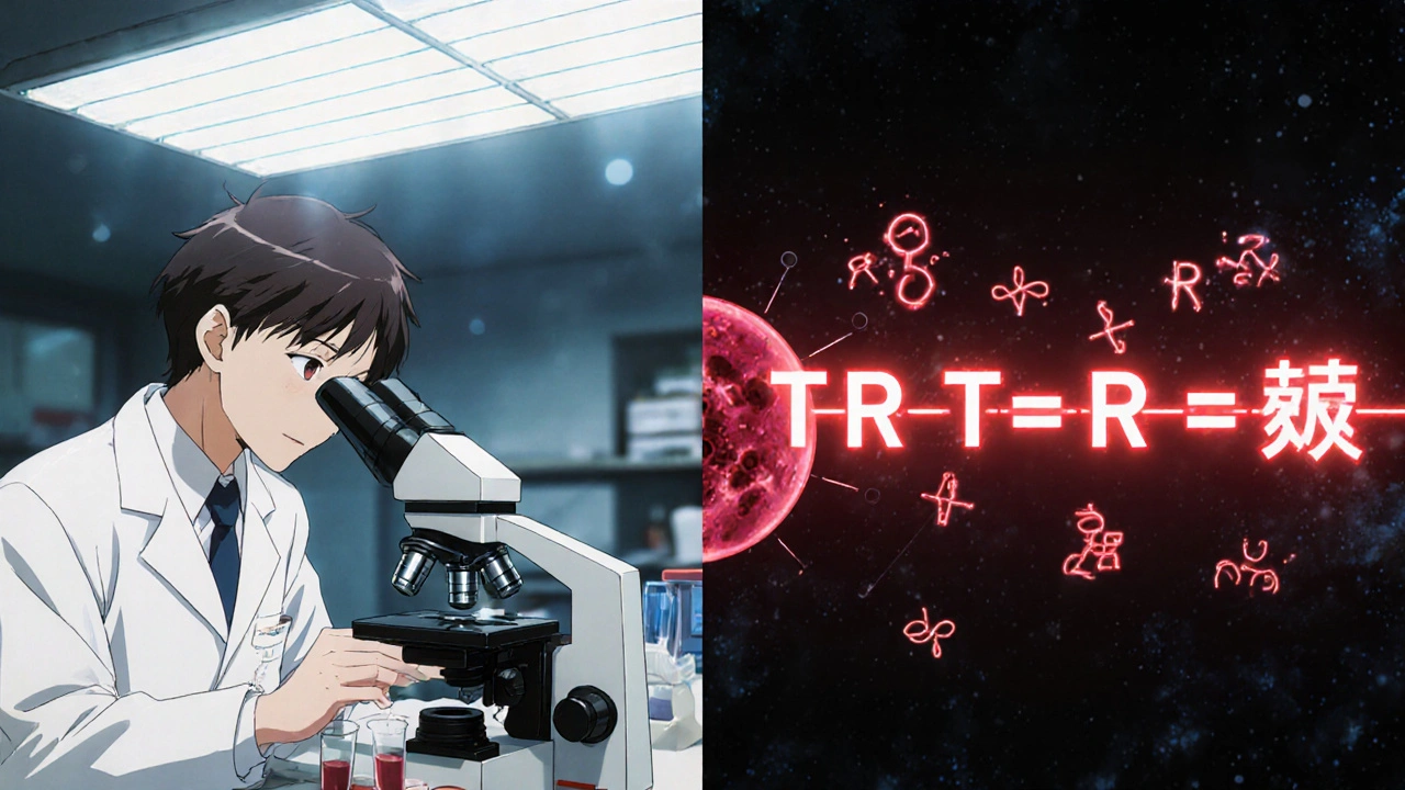 Scientist analyzing blood samples with digital treatment timelines and warning symbols in a 90s anime lab.