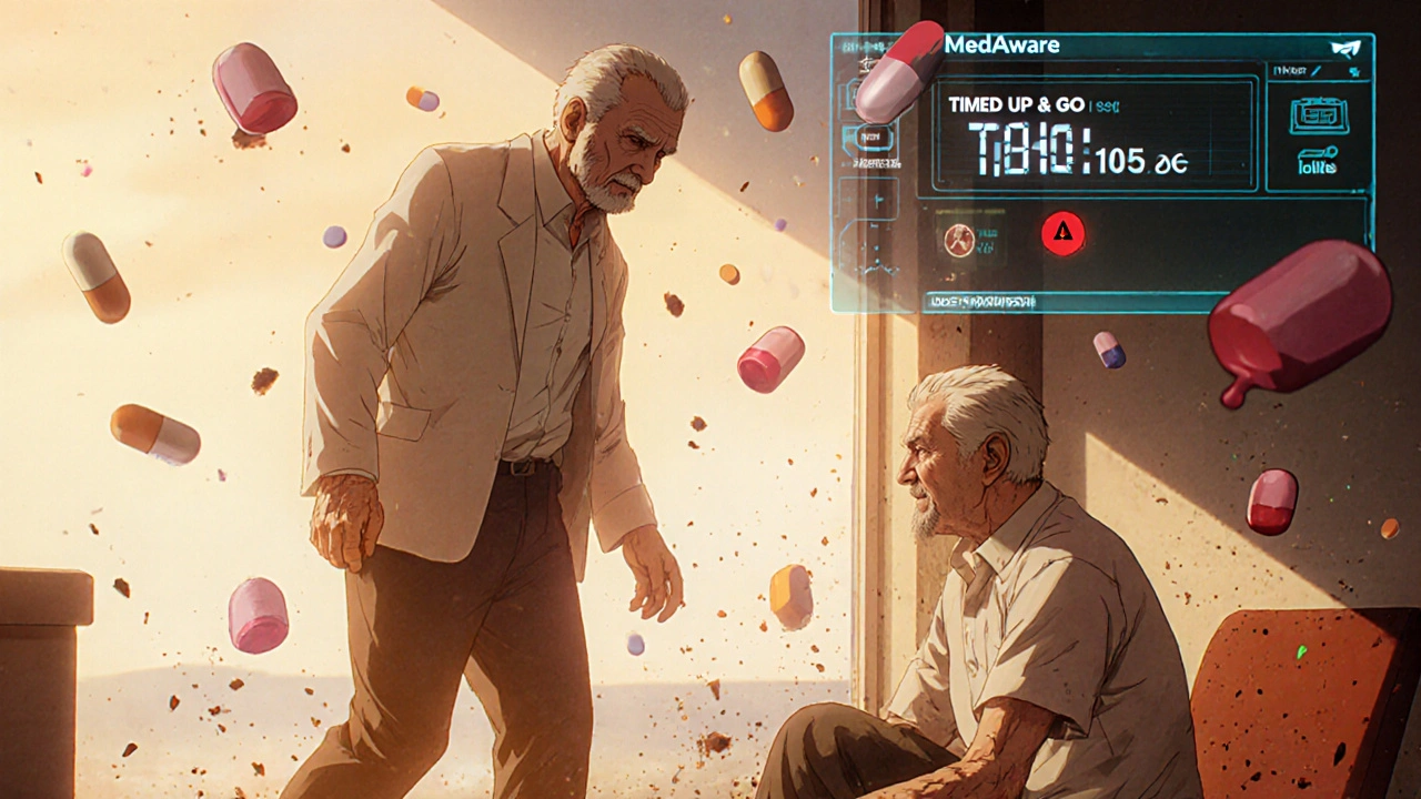 Senior man doing mobility test as digital overlay shows high fall risk from medication side effects.