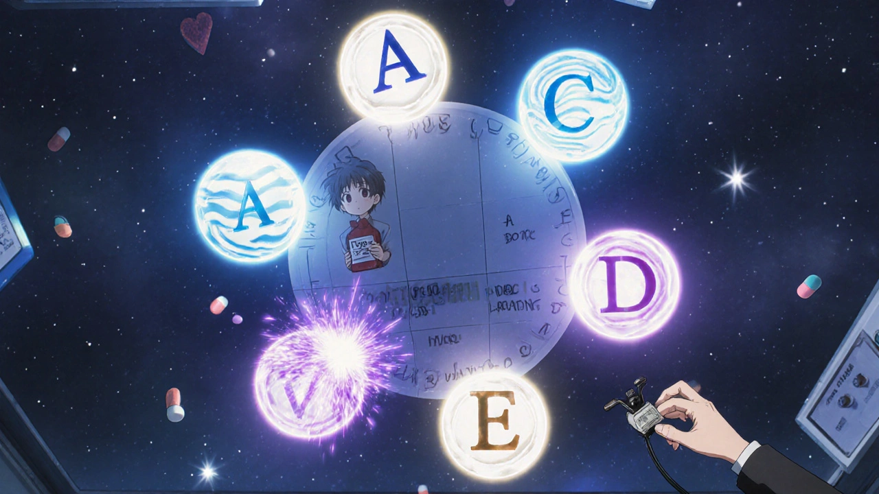 Six glowing drug reaction categories spinning like celestial orbs in a hospital setting.