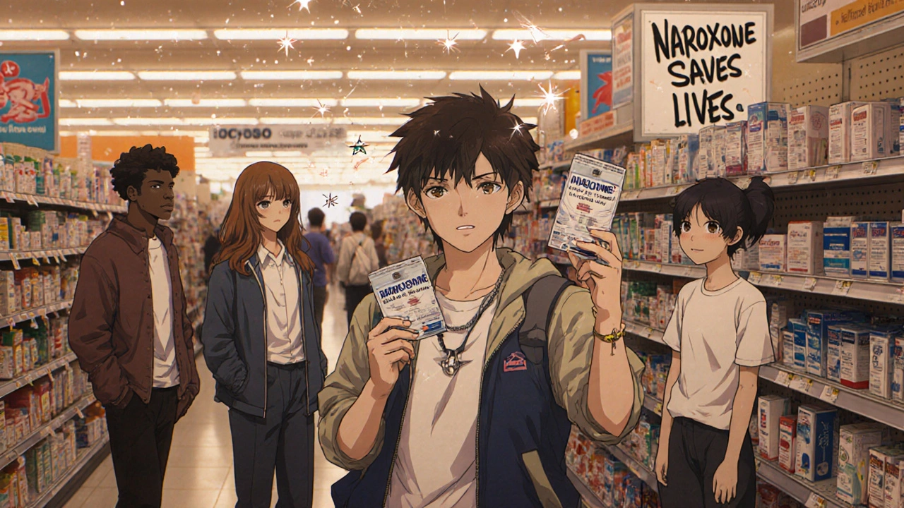 Someone picks up naloxone nasal spray from a pharmacy shelf in a 90s-style setting.