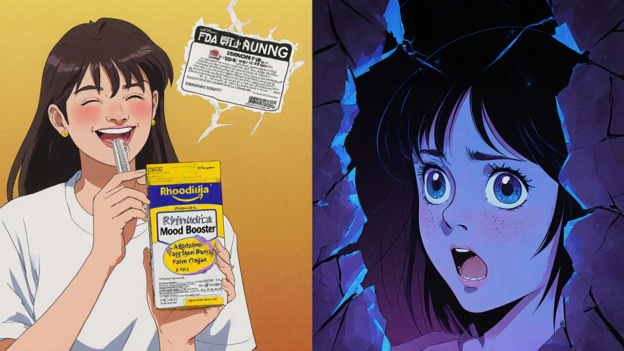 Split image: cheerful Rhodiola user vs. same person in panic as serotonin overload fractures their surroundings.