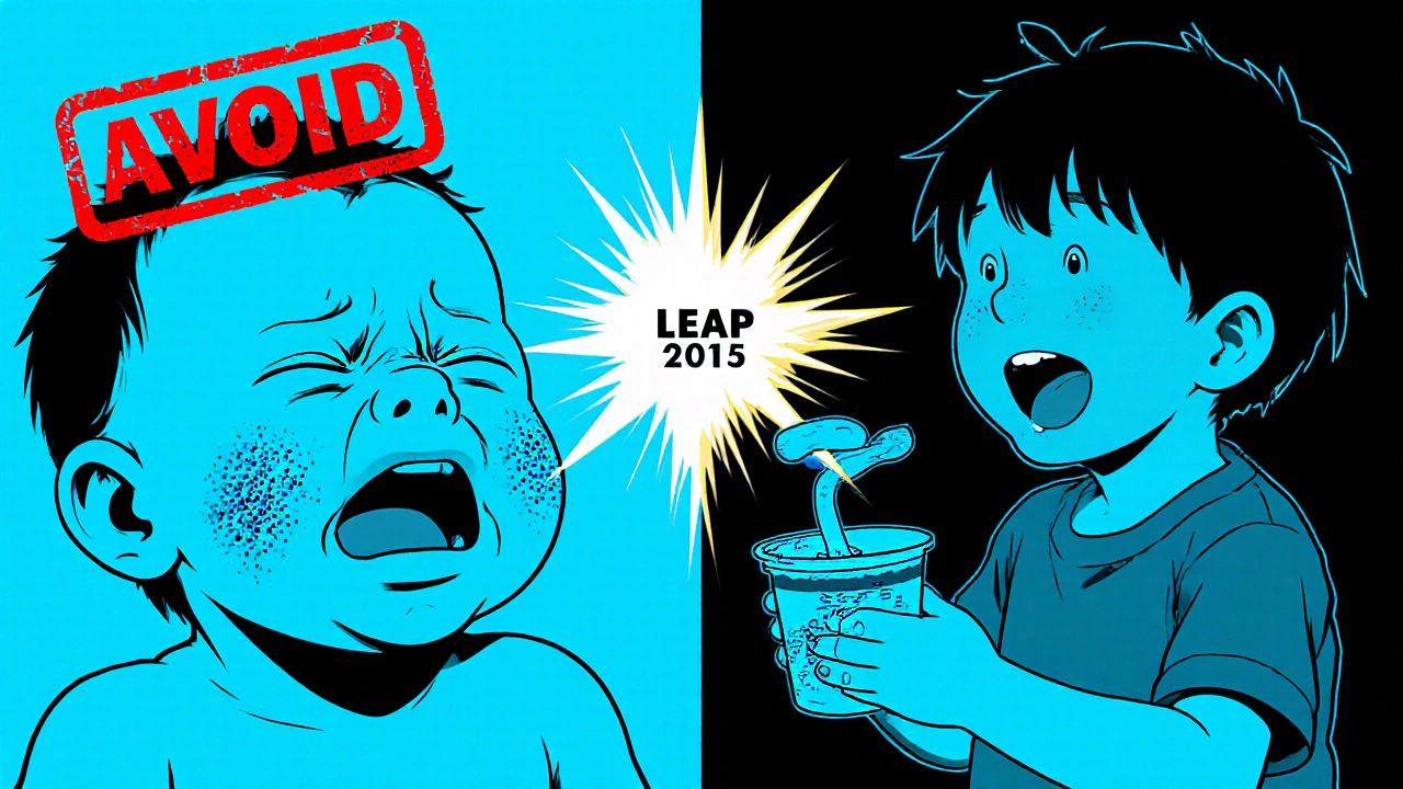 Split image showing a baby with eczema versus a healthy child eating peanut, connected by a timeline of medical breakthrough.