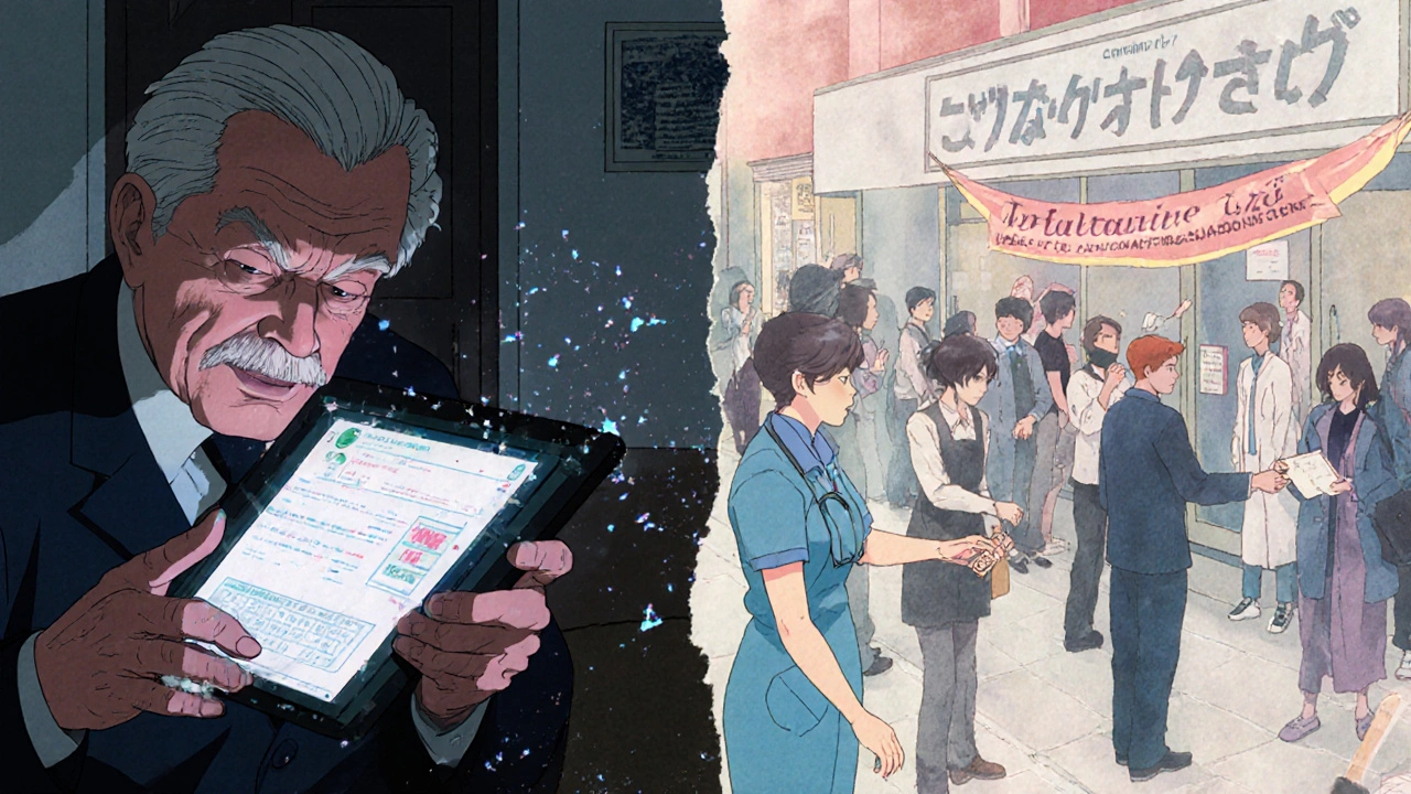 Split scene: elderly man on a glitching tablet vs. clinic giving out test strips.