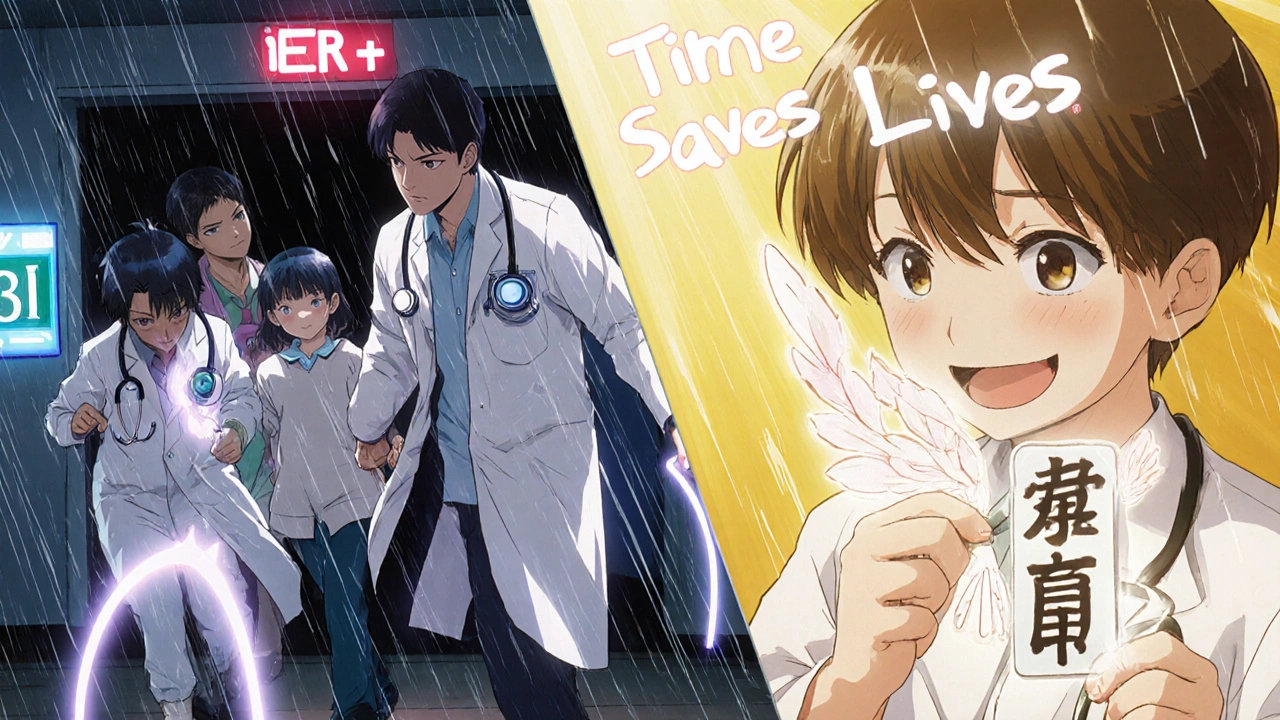 Split scene: frantic ER rush vs. healed teen in sunlight with vaccination card as wing