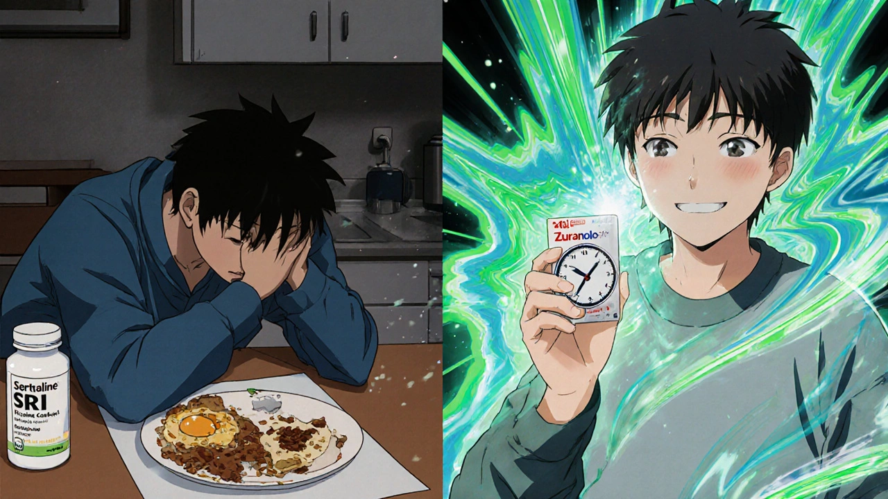 Split scene: left shows depression with SSRIs, right shows hope with Zuranolone and fast-moving time.