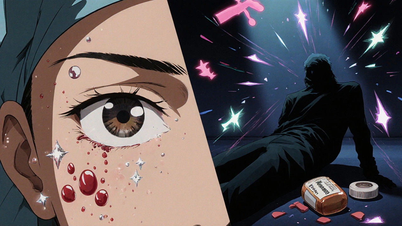 Split scene: safe cosmetic procedure vs. stroke from stopping blood thinner