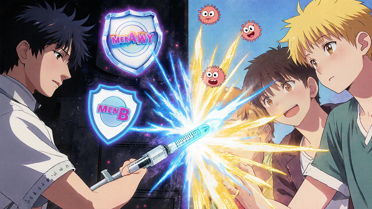 Syringe injecting vaccine with energy waves destroying bacteria and protective shields