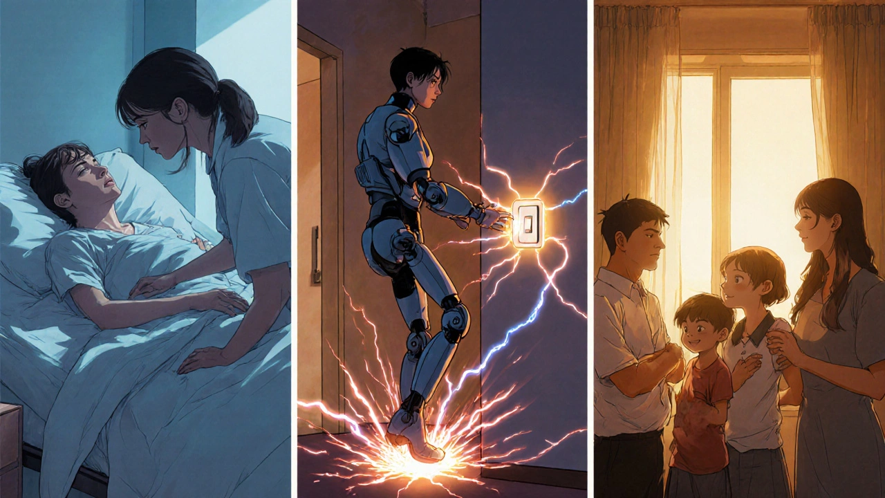 Three-panel scene showing stroke recovery stages: passive movement, robotic walking, and using voice tech with family.