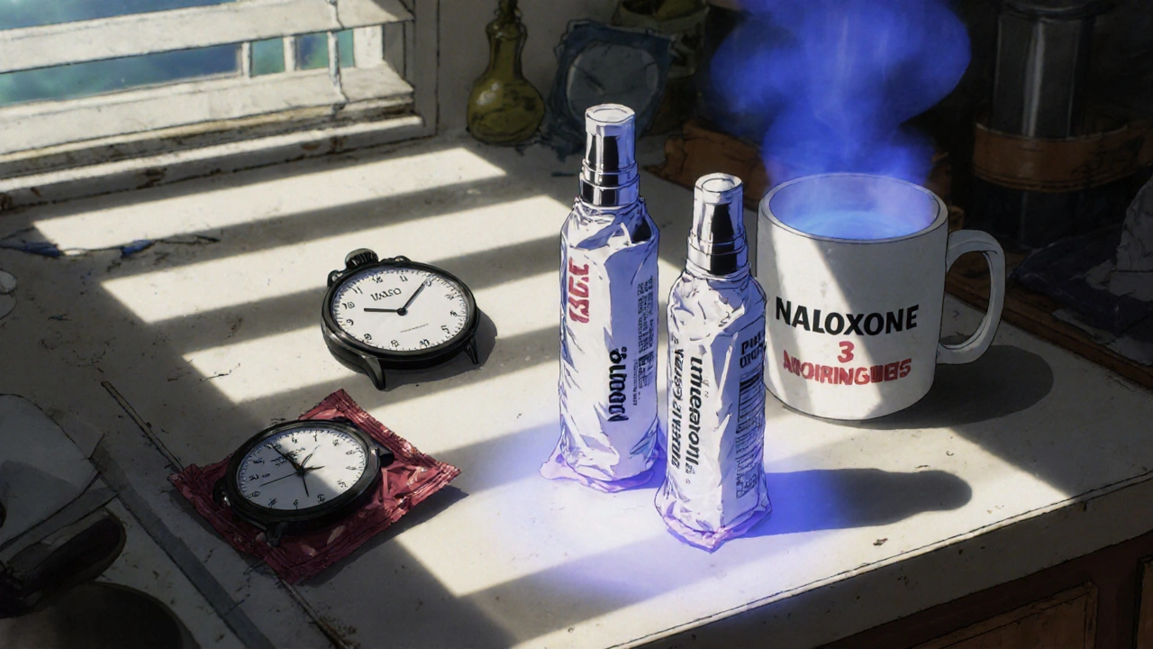 Two naloxone nasal sprays on a counter, one used and one sealed, next to a ticking clock.