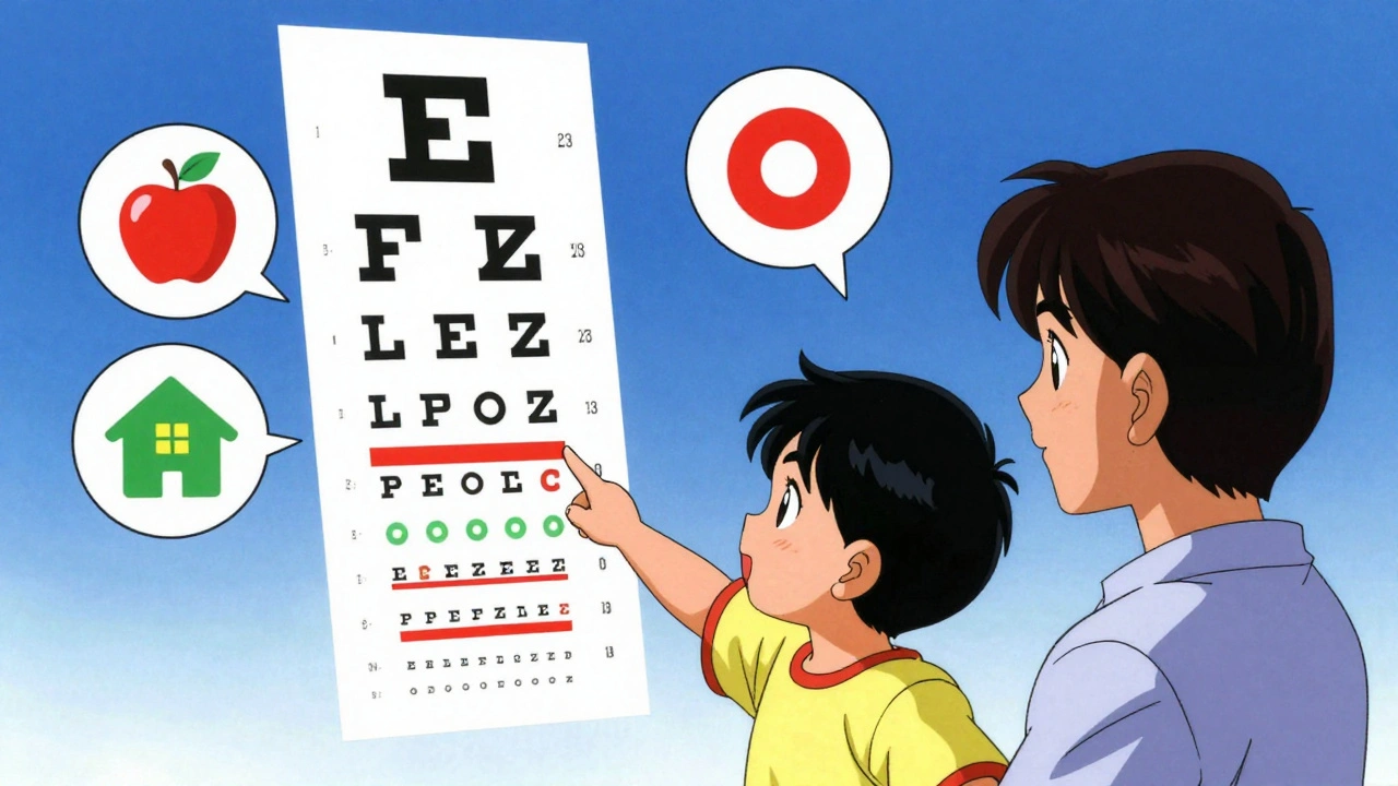 A 4-year-old child pointing at colorful vision chart symbols during a screening test.