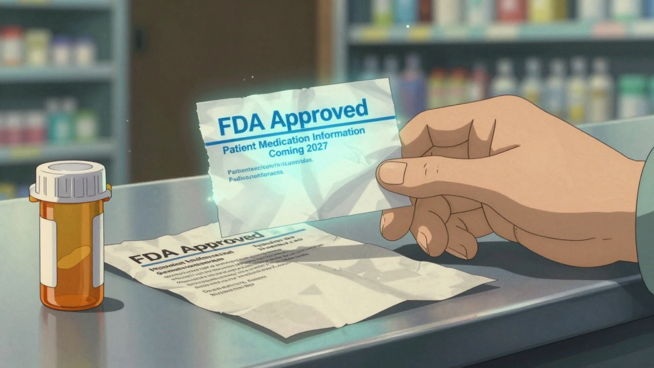 A crumpled paper guide beside a glowing digital version floating in mid-air above a pharmacy counter.