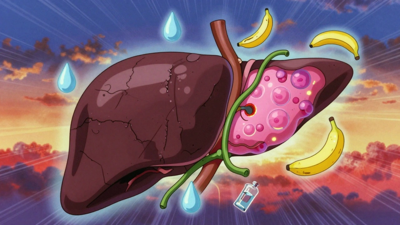 A damaged liver transforming into a healthy one with healing nutrients surrounding it.