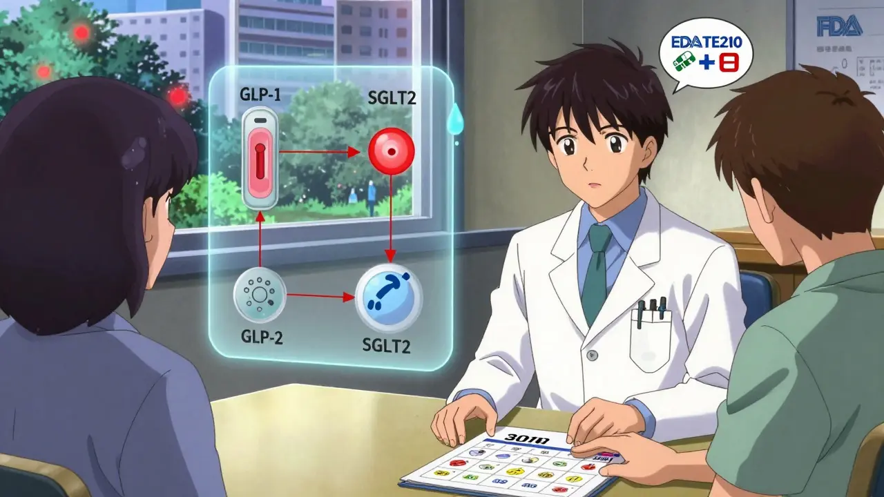 A doctor and patient discuss treatment alternatives with floating medical diagrams showing drug mechanisms side by side.