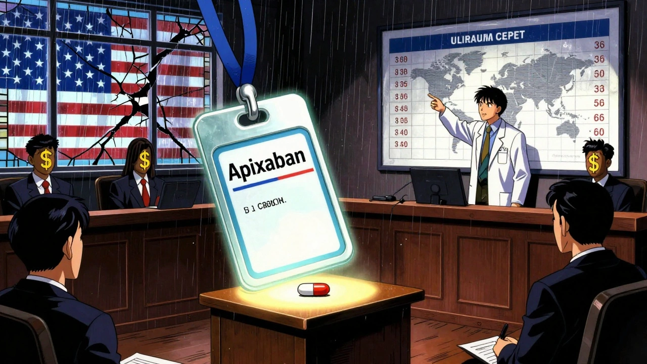 A giant Medicare badge looming over a single generic pill in a courtroom, corporate lawyers with dollar signs for faces.