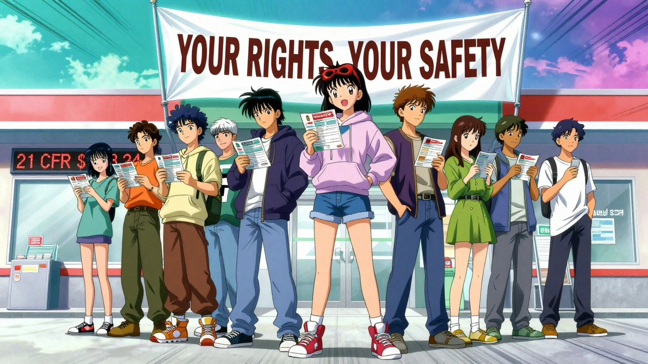 A group of diverse patients holding Medication Guides outside a pharmacy under a glowing safety banner.