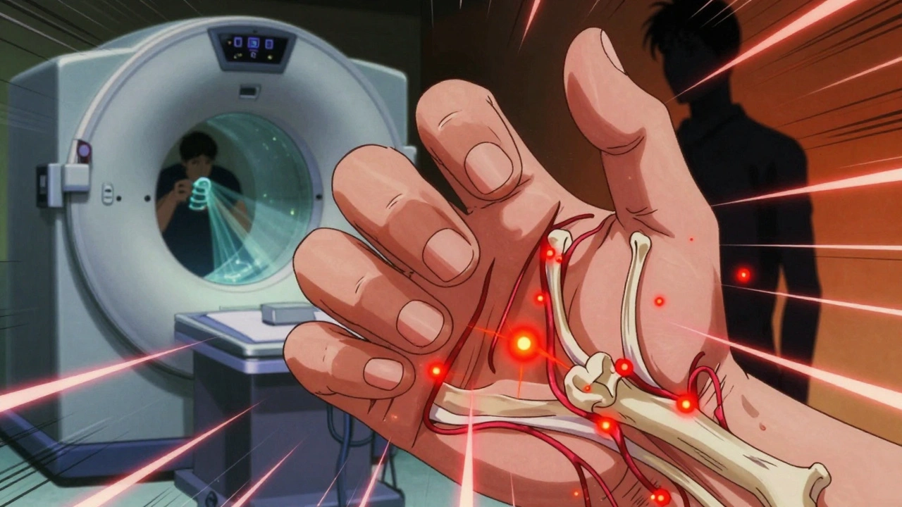 A hand with sausage-like swelling and pitted nails, surrounded by glowing inflammatory particles representing psoriatic arthritis.