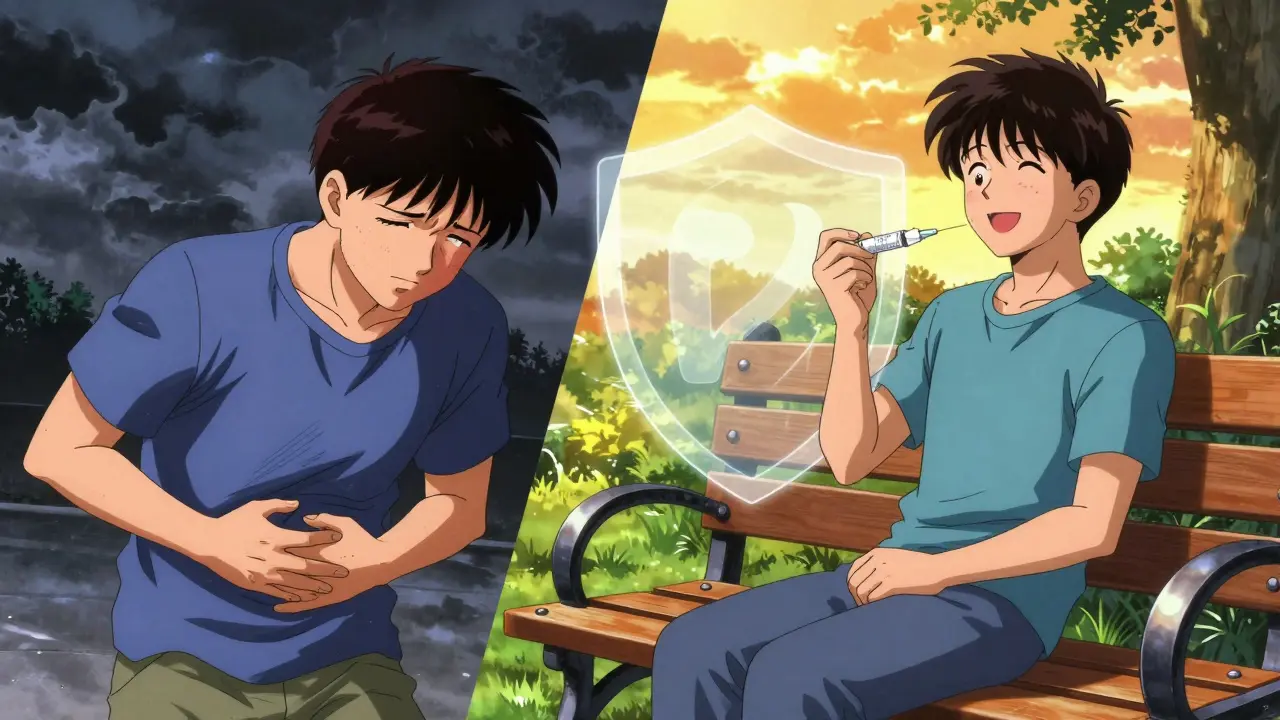 A patient transitioning from pain to peace, with stormy and sunny panels representing autoimmune relief.