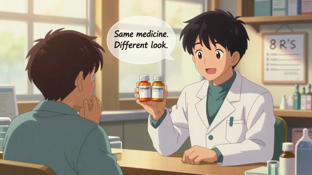 A pharmacist explains generic pill differences to a patient with labeled bottles and warm lighting.