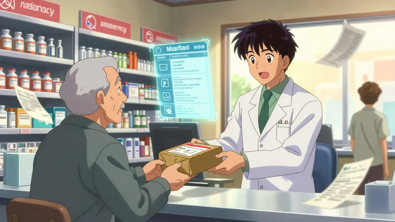 A pharmacist hands a mail-order medication package to an elderly patient in a colorful, retro-futuristic pharmacy.