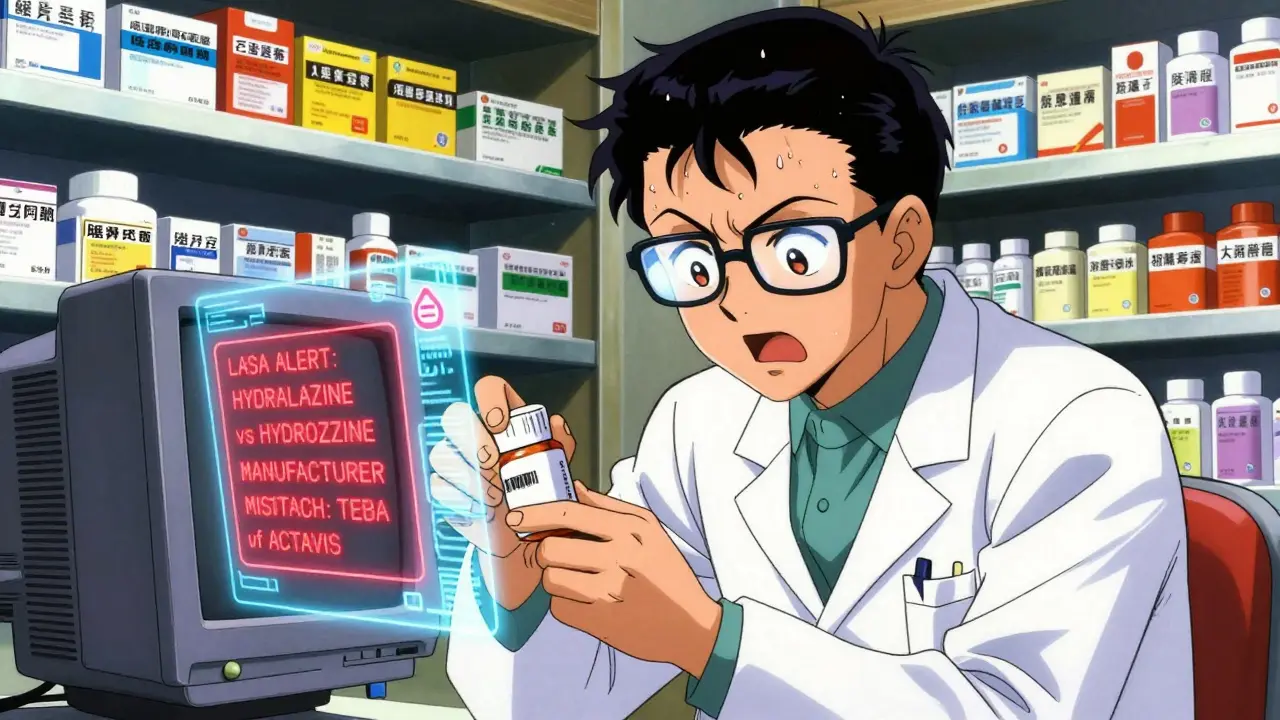 A pharmacist scans a medication barcode as a holographic system warns of a look-alike drug error.