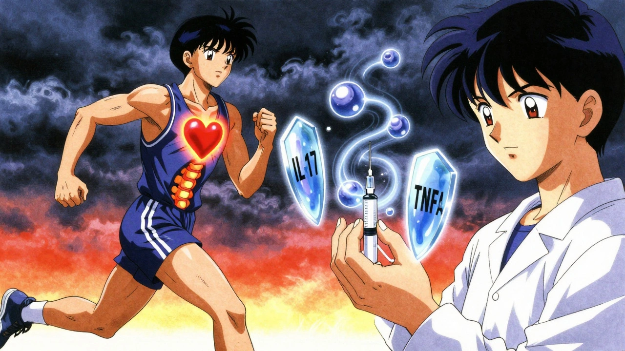 A split scene showing heart and spine inflammation alongside biologic treatment, symbolizing systemic impact and hope in psoriatic arthritis.