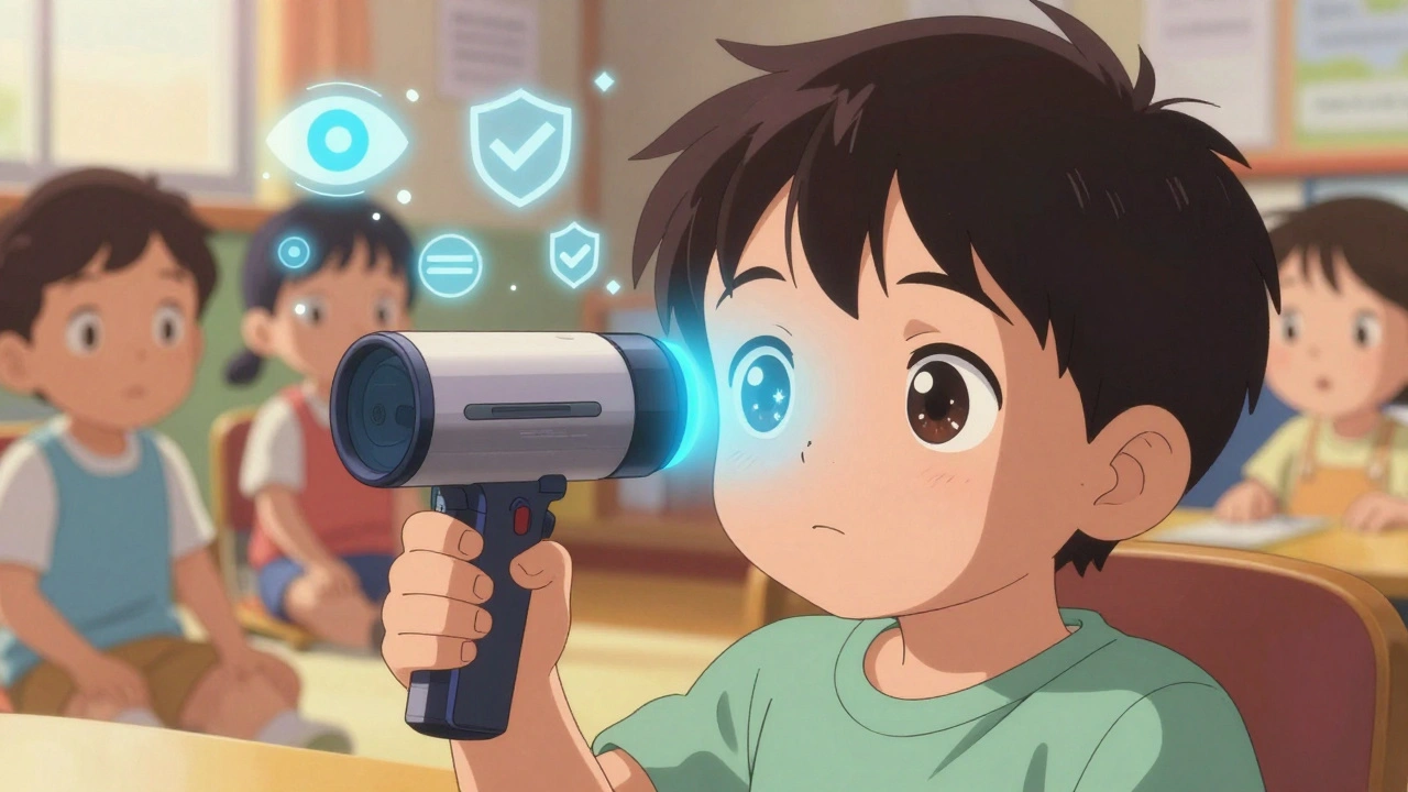 A toddler being screened with a glowing handheld device as digital health icons float around them.