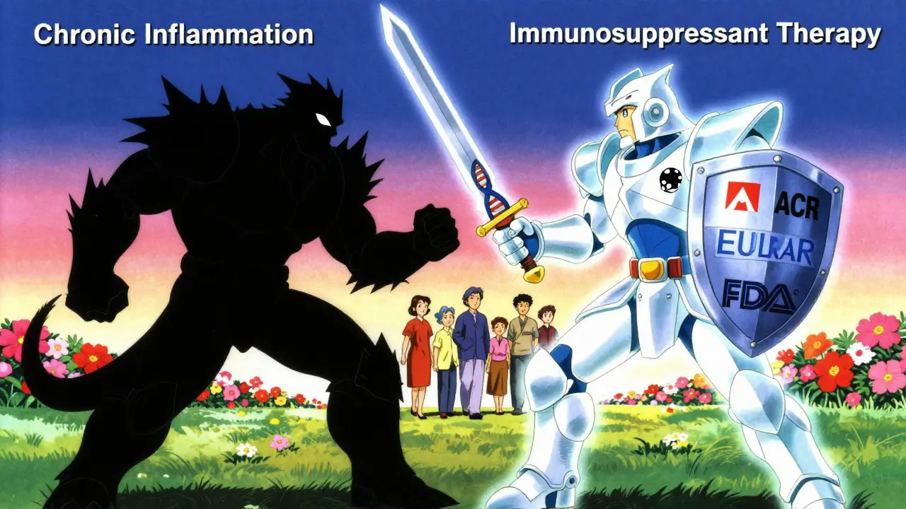 A warrior battling chronic inflammation with a DNA sword, backed by medical organization logos.