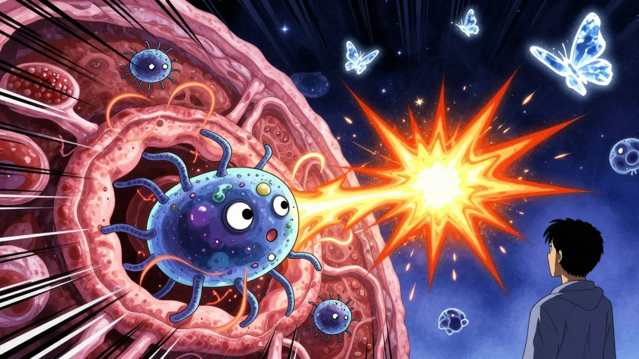 Bacterium bursting from gut into liver, immune cells exploding in fiery bursts, 90s anime style