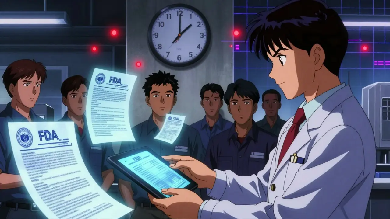 Bilingual compliance officer handing a glowing tablet to an FDA inspector in a Thai factory at 3:17 AM.