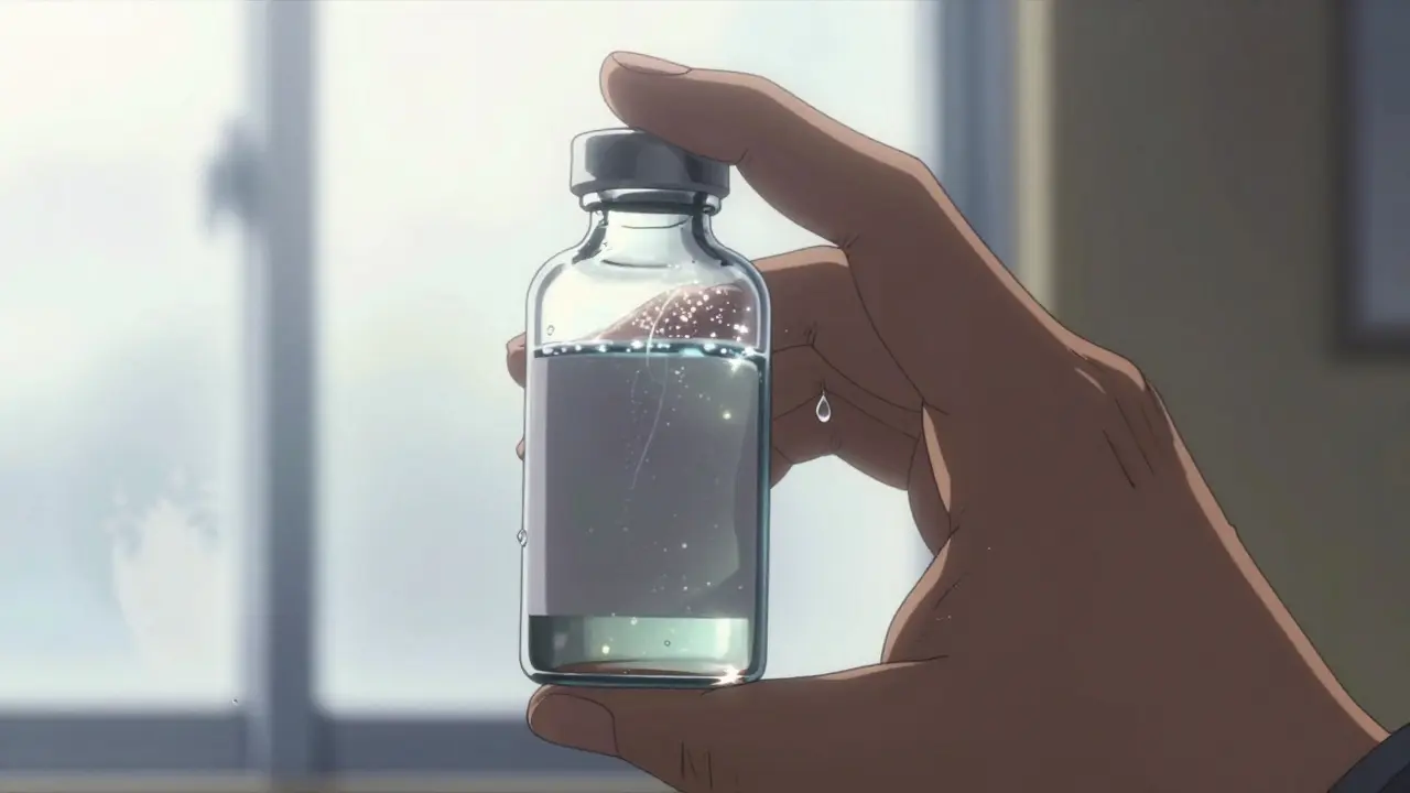 Clear liquid medication held to light, revealing cloudy particles and sediment inside the vial.