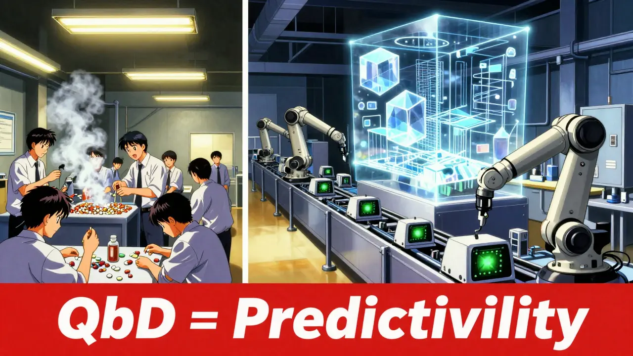 Contrasting chaotic traditional manufacturing with sleek QbD continuous production in anime style.