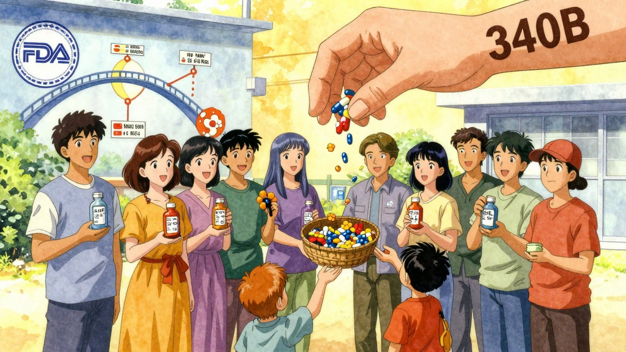 Diverse patients in a clinic courtyard receiving free generic medications as a giant hand lowers pills from the sky.