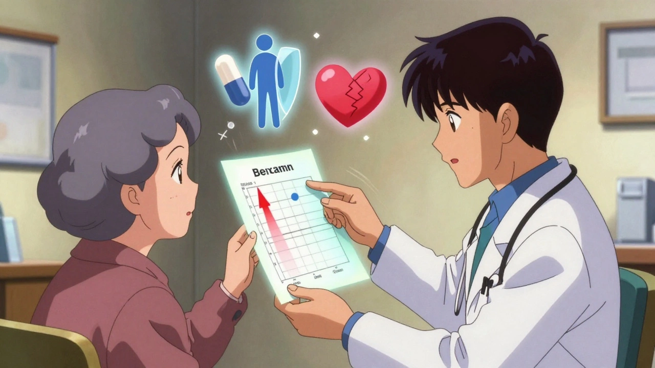 Doctor and elderly patient reviewing stroke vs. bleeding risk chart with floating medical icons.