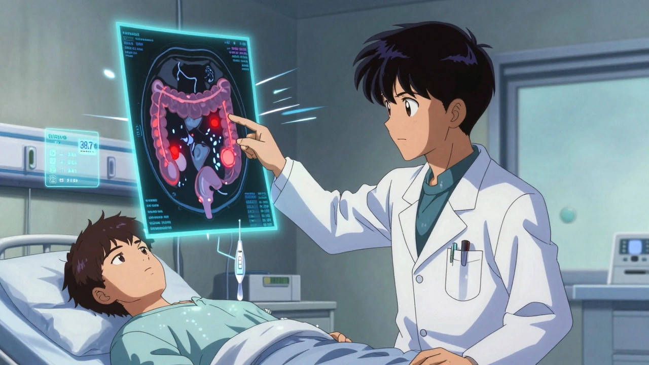 Doctor pointing at glowing CT scan showing inflamed colon, fever thermometer and antibiotic options displayed.