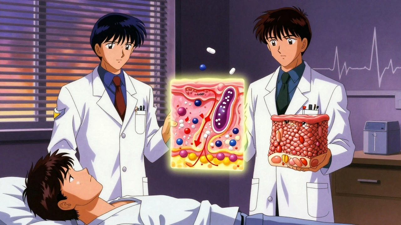 Doctors comparing skin images with a diagram of beta-blockers disrupting skin cell regulation.